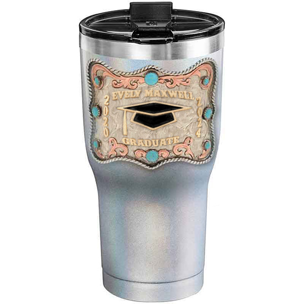 A customized tumbler made of stainless steel with a personalized engraved name and graduate cap figure, 30 oz, ideal for coffee or cool drinks